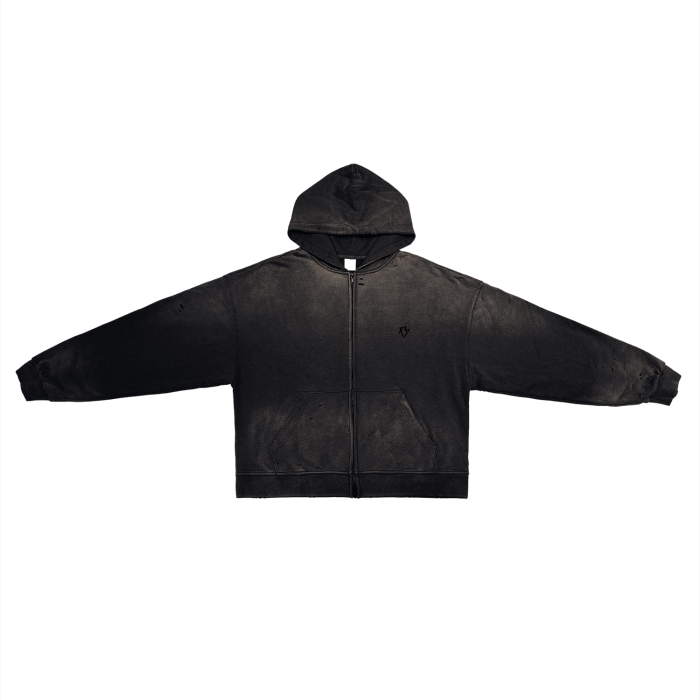 Romey Post-Apocalyptic Aesthetic Pure Cotton Hand-Frayed Monkey Washed Zip Hoodie